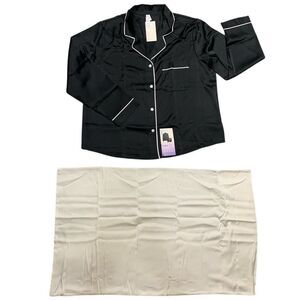 Stars Above Womens Large Button Front Silky Pajama Top‎ Black Short Sleeve NWT